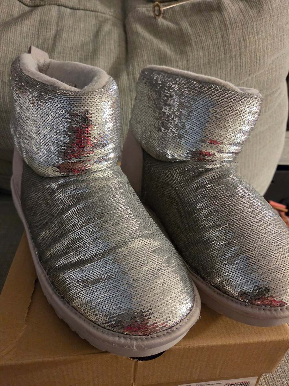 UGG Classic Mini Mirror Ball Boots Size 11 Silver Sequins